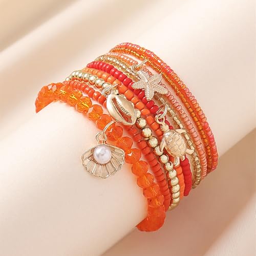 Caiyao Bohemian Multilayer Stackable Seed Beaded Bracelets Colorful Crystal Glass Beads Strand Bangle Bracelet BFF Wristbands Bracelet for Women Summer Beach Hawaii Jewelry Birthday Gifts - color: Orange-starfish