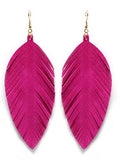 Large Genuine Soft Leather Handmade Fringe Feather Lightweight Tear Drop Dangle Color Earrings for Women Girls Fashion - color: Fuchsia