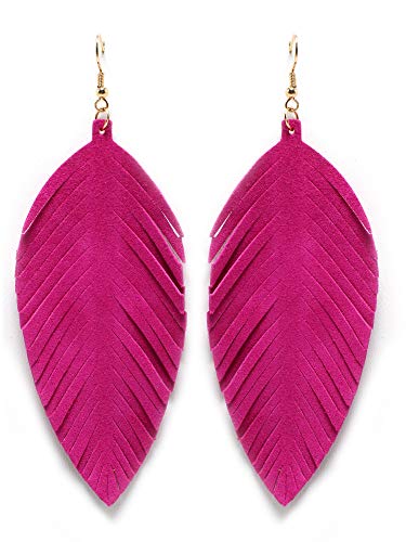 Large Genuine Soft Leather Handmade Fringe Feather Lightweight Tear Drop Dangle Color Earrings for Women Girls Fashion - color: Fuchsia