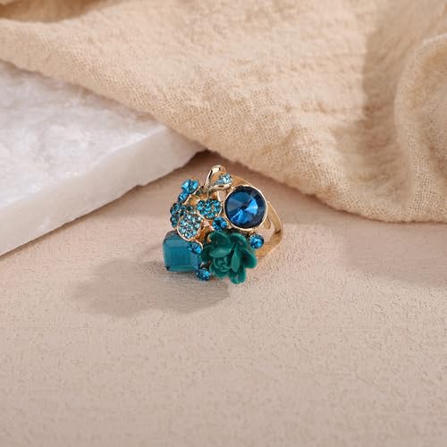 Jumwrit Shiny Crystal Flower Ring Statement Adjustable Open Band Wrap Finger Ring Square Rhinestone Floral Cocktail Ring Party Bridal Wedding Jewelry Vintage Boho Knuckle Ring for Women - color: Light Blue