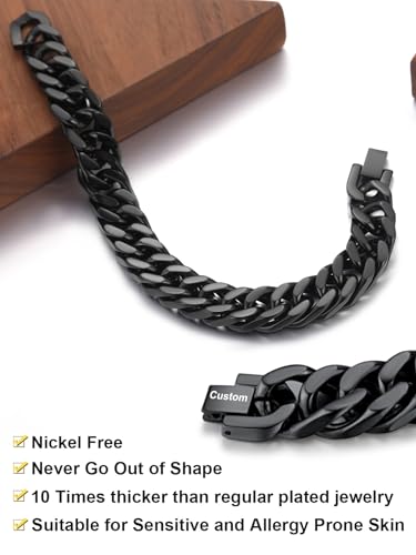 ChainsHouse Stainless Steel Cuban Link Bracelet, 8mm/12mm/17mm Width, 7.5"/8.3"/9", 18K Gold Plated Chain Wrist Bracelets for Men Women, Send Gift Box - color: S: Black-8mm width-custom