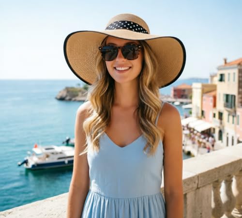 DRESHOW Beach Hats for Women Big Straw Wide Brim Summer Hat Floppy Foldable Roll up Cap Sun Hat UPF 50+ - color: 1 Pc：black Edge Khaki+white Dot Hat, 4.7" Brim