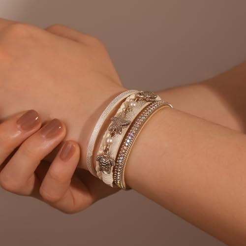 FANCY SHINY Turtle Starfish Leather Wrap Bracelet Boho Rhinestone Pearl Cuff Bracelets for Women Summer Beach Jewelry for Women - color: White