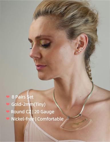 10 Pairs Small Stud Earrings for Women Precision-Cut Cubic Zirconia Earrings for Sensitive Ears Hypoallergenic Surgical Stainless Steel Tiny Stack Earrings for Multiple Piercing - color: Gold-8 Pairs-2mm