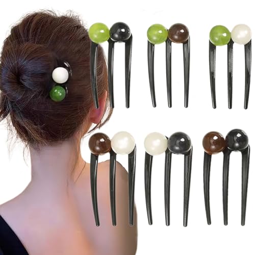 6 Pcs U Shaped French Hair Pin, Elegant Brown Green White Black Pearl 3-Fork Clips for Buns Hairstyle Holder Updo, Hair Forks for Women for Daily Use Accessory Thin and Thick Head decorative