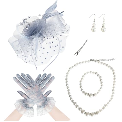 Fascinators Hat Pearl Earrings Necklace Bracelets Gloves 1920s Headband Hair Clips Women Flower Mesh Feather Headpiece Headwear Halloween Carnival Cocktail Wedding Tea Party Accessories Gray - color: Gray