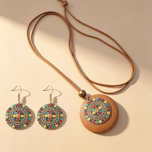 Wooden Leather Necklaces Set Bohemian Wood Stack Discs Long Chain Hemp Rope Bronze Plated Pendant Ethnic Tribal Fall Leaf Earrings Jewelry Statement Necklace - color: R-040