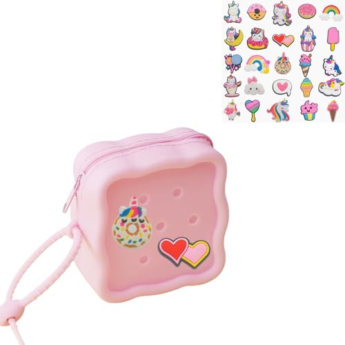 Soft Silicone Zipper Coin Purse Lovely Cartoon Hole Design Miniature Wallet Children's Storage Pouches Organizers For Kid with 25pcs DIY Charms (Pink) - color: Pink