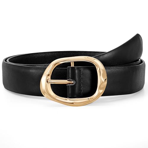 Women Leather Belt for Jeans Pants Ladies Casual Waist Belt Fashion Women Belt with Gold Buckle - color: Gold Black, size: Suit for waist size 30"-34"
