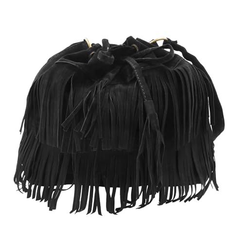 Fringe Hobo Purse Bags for Women Crossbody Purses with Drawstring Ladies Tassel Tote Shoulder Bucket Handbags,Black - color: Black(barrel Shape)