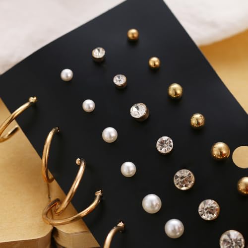 32 Pairs 14K Gold Plated Tiny to Huge Earring Hoop Stud for Women, More Style Earring Sets for Multiple Piercing Stack Set Everyday Jewelry