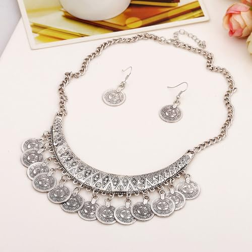 FUTIMELY Chunky Coin Necklace Earrings Set,Bohemia Plated Gold Coin Tassel Personalized Choker Earrings,Ethnic Gypsy Statement Jewelry Set for Women - color: Silver