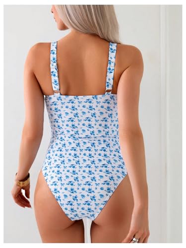 BEAUDRM Women's Boho Floral Print One Piece Swimsuit Y2K Bathing Suits Swimwear Beachwear - color: Floral Blue, size: X-Small