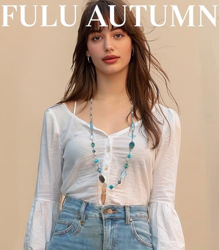 FULU AUTUMN Long Necklaces for Women Trendy Long Chunky Beaded Necklace Boho Fashion Costume Jewelry Mothers Day Gifts for Her - color: Sea green