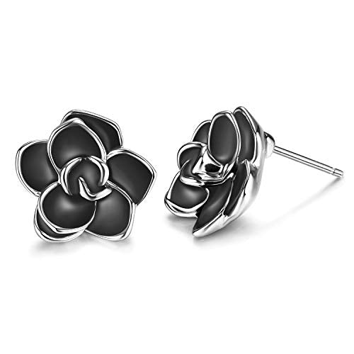AllenCOCO Rose Flower Stud Earrings for Women Sensitive Ears, Hypoallergenic Cute Gold And Silver Rose Flower Earrings Studs for Women Nickel Free - color: Black flower/White gold, size: 0.55