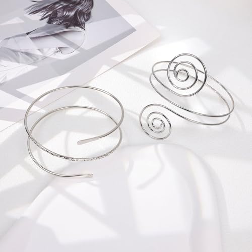 2Pcs Arm Cuff Gold Upper Arm Cuff for Women Adjustable Upper Arm Bracelets Open Irregular Arm Bangle Minimalist Coil Swirl Armlets Armband Jewelry - style: styleF silver