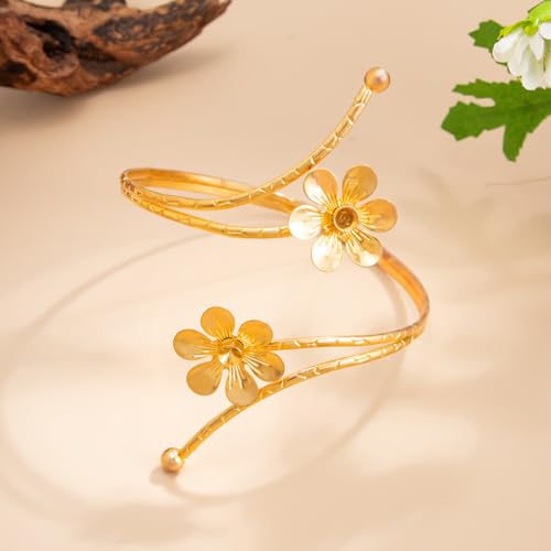 Arm Cuff for Women Gold Upper Arm Bracelet Minimalist Adjustable Cuffs Bangle Punk Dress Jewelry - style: Flower E