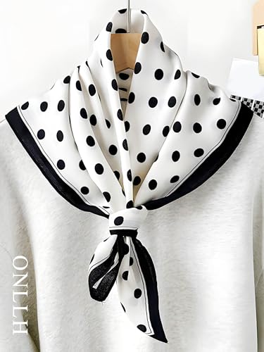 100% Mulberry Silk Scarf for Women Hair Lightweight Square Neckerchief Wrap For Head Scarves 21" - color: 26-white Black Point /21"*21"
