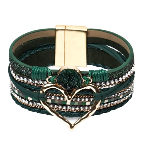 Leather Wrap Bracelet for Women, Boho Cuff Bracelet with Strong Clasp, Multi-Layer Crystal Leather Bracelet for Valentine Mother's Day - color: 01-Heart-Green