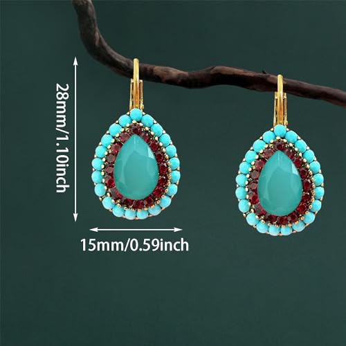 Unique Bohemian Vintage Sparkly Crystal Colorful Round Flower leverback earrings Boho Retro Bronze Circle Beaded Flower Floral Dangle Drop Earrings for Women - color: Sky Blue 14