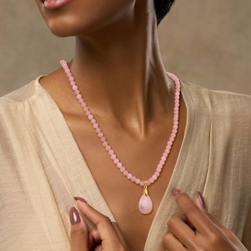 Healing Crystal Necklaces for Women Trendy Natural Stone Beaded Long Pendant Necklaces for Womens Handmade Bohemian Fashion Necklace Jewelry Gift - color: Rose Quartz