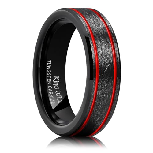 King Will Mens Tungsten Rings for Men Two Tone Grooved Mens Wedding Band Cool - color: Black & Red Two Groove 6mm