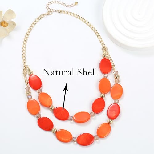 2 Layered Chunky Beaded Shell Necklace for Women Sea Shell blue/yellow/red/green/turquoise/teal/white Statement Necklace and Earring Set Elegant Women Necklace Set Jewelry Sets for Women - color: Orange