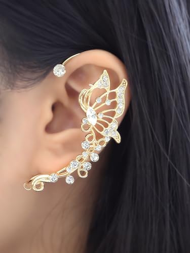 2Pcs Rhinestone Butterfly Earrings Ear Cuffs Non-Pierced Fake Earrings Butterfly Climber Wrap Around Earring Dainty Adjustable Ear Clip Jewelry for Women - color: Style4-gold