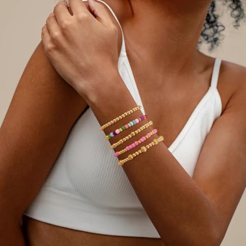VIBILIA Gold Beaded Bracelets Set for Women 14K Gold Plated Dainty Pearl Cross Bracelet Stack Stretch Bracelet Set Fashion Accessories Gifts - color: 5P-MZ-Color