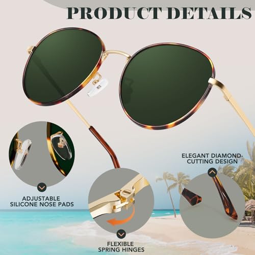 GQUEEN Retro Round Polarized Sunglasses Womens Men Spring Hinge Metal Frame Trendy Hippie Oval Sun Glasses Shades UV400 - color: 1 Tortoise Frame/Green Lens