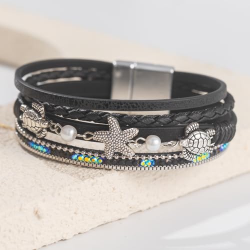 FANCY SHINY Turtle Starfish Leather Wrap Bracelet Boho Rhinestone Pearl Cuff Bracelets for Women Summer Beach Jewelry for Women - color: Black