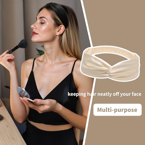 ZLYC Mulberry Silk Headband Elastic Twist Knotted Head Bands for Women's Hair, Solid Beige Cream - color: Solid Beige Cream