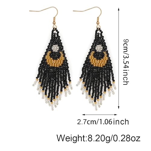 Bohemian Beaded Long Tassel Dangle Earrings for Women, Handmade Jewelry White Tarnish Resistant Lightweight Design, Stylish Accessory for Beach Vacation Party and Gift - color: black