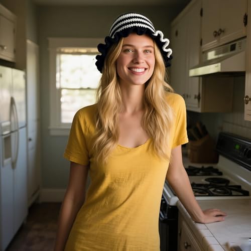 Handmade Crochet Bucket Hat for Women Boho Chic Slouchy Design Colorblock Ruffled Brim Festival&Daily Crochet Hat - color: Black and White Stripe