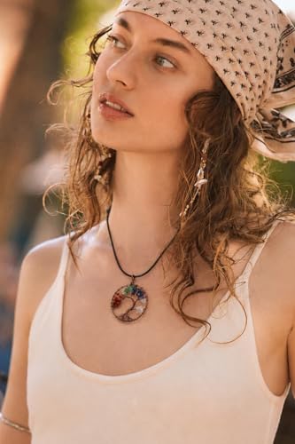 7 Chakra Gemstone Healing Crystals Necklace - Copper Wire Wrapped Natural Unisex Hippie Leather Choker - color: 5. Tree of Life