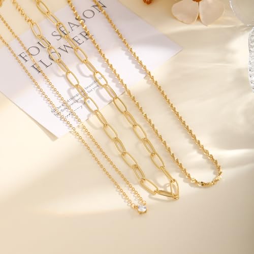 Layered Gold Necklace for Women Trendy 14K Gold Plated Heart CZ Pendant Layered Gold Necklaces Set Coin Choker Necklaces Simple Circle Cubic Zirconia Pearl Necklace Stack Herringbone Paperclip Chain Jewelry Set - style: 3PCS-Paperclip chain zircon-GD