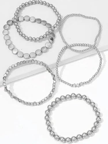 6Pcs Beaded Anklets for Women Elastic Stretch Ankle Bracelets Set Gold Silver Tone Boho Star Disc Charm Foot Jewelry Beach Gift - color: Silver