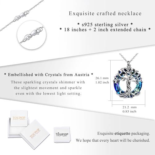 TOUPOP Tree of Life Necklace Gifts for Women 925 Sterling Silver Family Tree Pendant with Crystal Birthday Irish Jewelry Gifts for Women Her Wife Mom - color: 01-Blue Crystal-Silver Oxide