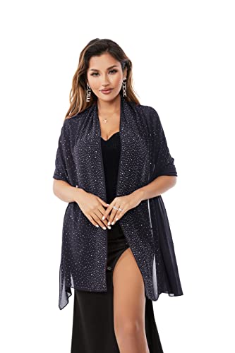 Shawls and Wraps for Evening Dresses Sheer Chiffon Women Elegant Soft Silky Sparkly Wedding Bridal Scarf - color: Navy C