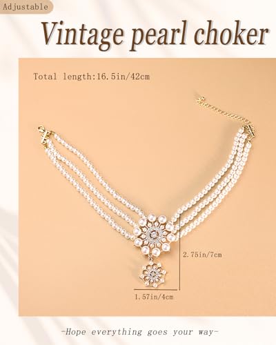 Bethynas Boho Layered Pearl Rhinestones Choker Necklace Vintage Chunky Pearl Crystal Pendant Short Necklace Chain Bridal Prom 1920s Costume Party Jewelry for Women - color: Pearl 4