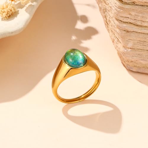 YeGieonr Mood Ring for Women, Non-Tarnish Gold Plated Stainless Steel Color Changing Ring, Dainty Stackable Rings for Women, Emotional Mood Sensing Jewelry Gift - color: gold