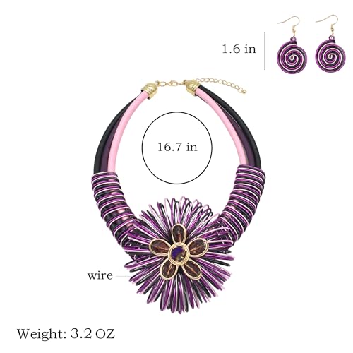 Statement African Necklace For Women African Jewelry Costume Earring Sets Tribal Fashion Colorful Big Rhinestone Crystal Pendent Collar Choker Bold Chunky Bib Handmade - color: Flower Purple