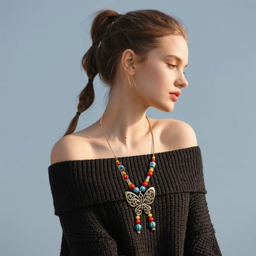 Boho Necklace for Women,Vintage Butterfly Pendant Necklaces,Adjustable Wooden Beads Layered Braided Choker,Fashion Tribal Style Leather Rope Necklace Jewelry,Chunky Statement Gift for Women - color: Colorful1