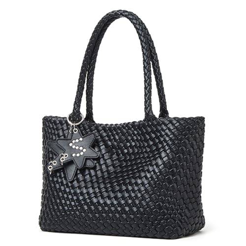 Woven Tote Bag for Women with Purse, Fashion Shoulder Hobo Underarm Bags, Large Woven Handmade Work Commuter Day Bags - color: Black