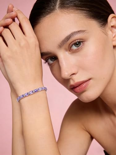 Radiant Cut Birthstone Tennis Bracelets for Women, Adjustable 6–9 Inches White Gold Plated Sterling Silver Bracelet, Hypoallergenic Anniversary Birthday Valentine’s Day Gift for Her - color: 02-Amethyst
