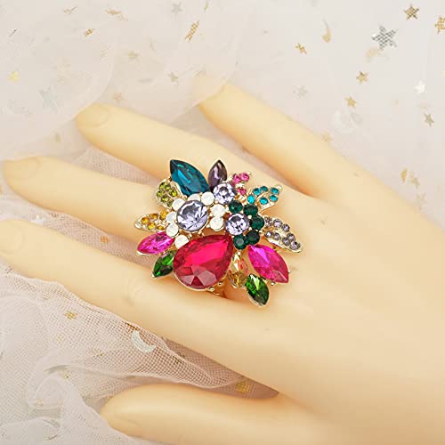 CSY Luxury Women's Austrian Crystal Leaves Flower Big Cocktail Statement Rings Stretch Adjustable Ring Jewelry Accessories - color: Multi-Color