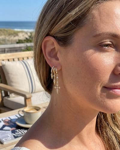 MUMREUES Gold Earrings for Women Trendy 14K Gold Plated Dangle Earrings Small Hoop Huggie Drop Stud Earrings Cubic Zirconia Simple Minimalist Dainty Chain Tassel Hypoallergenic Earrings - color: Cross & Gold