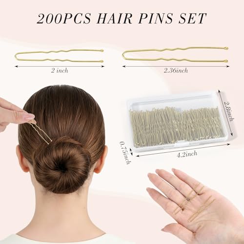 200Pcs 2.4 & 2 Inchs U Shaped Hair Pins for Buns, Bobby Pins With Storage Box for Women Girls and Hairdressing Salon (Gold)