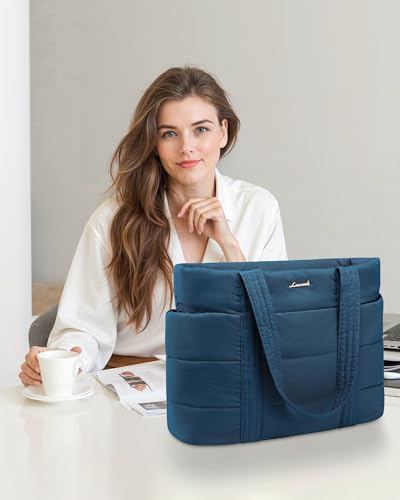 LOVEVOOK Tote Bag for Women, Large Puffer Work Tote Laptop Bag, Lightweight Travel Tote Bag with Zipper Gifts for Women - color: Blue Green-a, size: 15.6 Inch