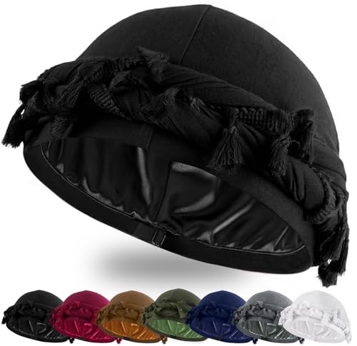 Ababalaya Adjustable Satin Lined Halo Turban Durag for Men &Women Twisted Tassel Head Wraps - color: Black